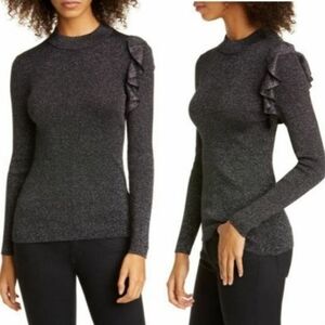 Ted Baker Addale Silk Metallic Ruffle Shoulder Long Sleeve Crewneck Sweater
